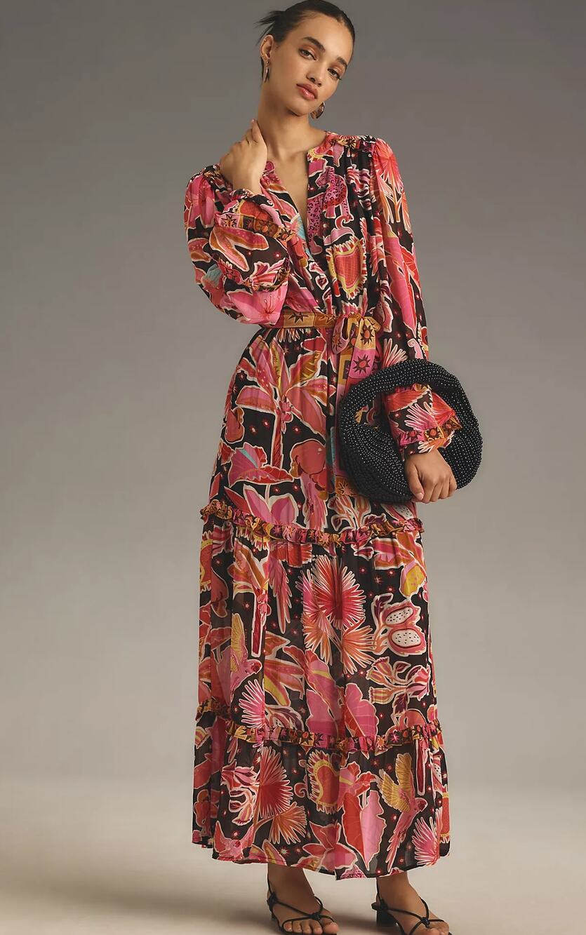 NWT Farm Rio Long-Sleeve Floral Tiered Maxi Dress - Small